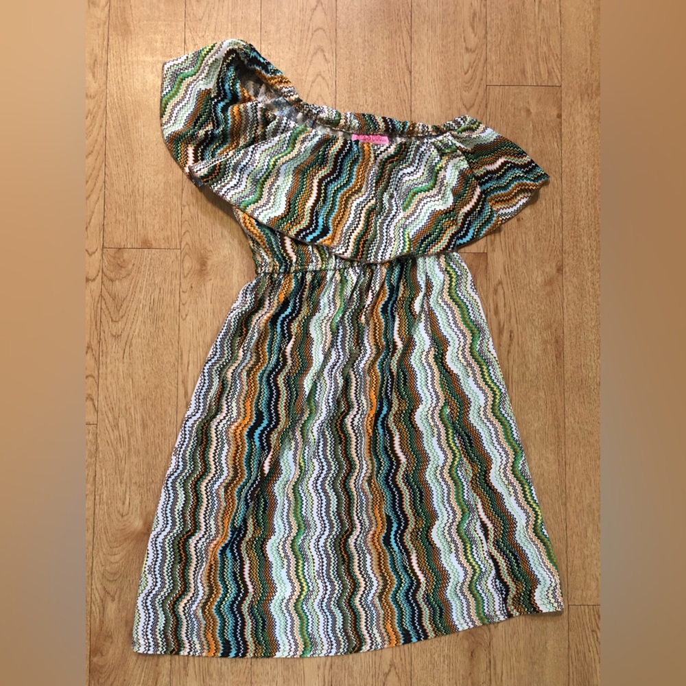 She's Cool Geometric Zig Zag Print One Shoulder Stretch Waist Dress